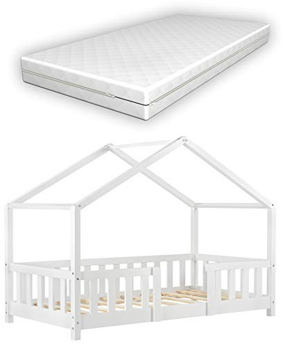[en.casa] Letto per Cameretta Letto a Forma di Casetta con Barriera di Protezione per Bambini Struttura in Legno di Pino Materasso a Schiuma Fredda 70x140 cm Bianco