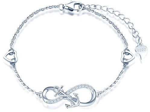 INFINIONLY Bracciale da donna da ragazza, bracciale in argento 925, bracciali con simbolo dell'infinito con ancora, decora diamanti, cuori o stelle, zircone, argento, bracciale ancora