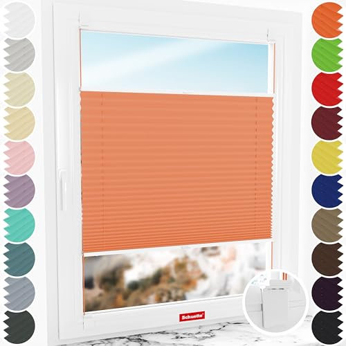 Schuette® Plissee ohne Bohren zum Kleben ● Premium Kollektion: Sunset (Orange) ● 25x100cm (Breite x Höhe) ● Suprafix Klebe- & Schraubhalter 2in1 Set Letsbond ● Bequeme Rollo