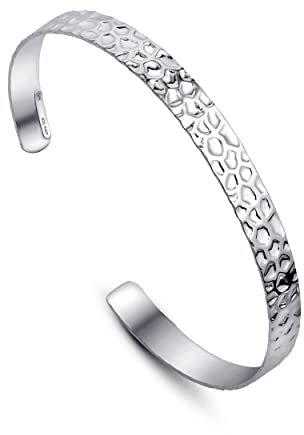 Amberta Bracciale Rigido da Donna in Argento Sterling 925: Bracciale Effetto Martellato Sottile in Argento