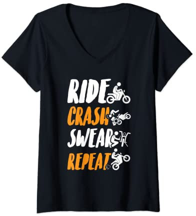Mujer Motorradfahrer Gadgets - Ride Crash Swear Repeat Camiseta Cuello V