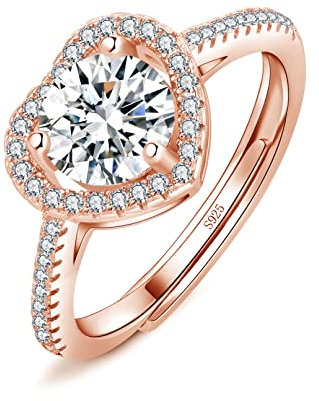 Josfeva Ringe Damen Silber, 925 Sterling Silber Trauringe, Herz Damen Verlobungsringe Hochzeitsringe mit Weiß Zirkonia, Offen Verstellbare Rosegold Antragsringe Eheringe mit Geschenkbox für Braut