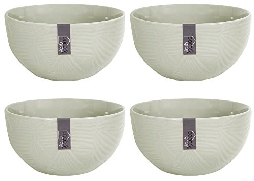 YöL Set of 4 Food Bowls Embossed Stoneware Green Dinnerware Soup Cereal Dining Kitchen Dishwasher and Microwave Safe