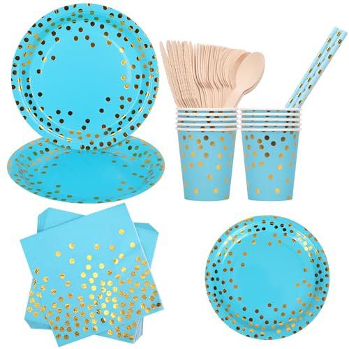 WedDecor 80pcs ensembles de vaisselle en papier, pailles rondes en papier jetables, assiettes, barbecue, anniversaire, fête prénatale, événements de mariage et de Noël, minuit, bleu bébé