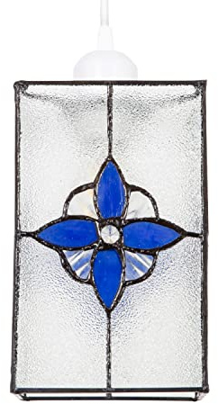 Traditional Clear Glass Tiffany Style Rectangular Pendant Light Shade with Royal Midnight Blue Panels | 21cm Height | 60w Maximum by Happy Homewares