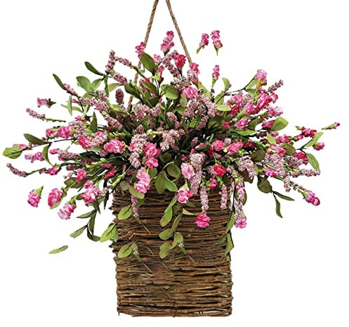 Wildflower Door Hanging Basket Wreath,Front Door Porch Beautiful Artificial Spring and Summer Wreath Welcome Sign,Wedding Home Decor (B)