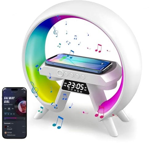 WAKERUG Multifunctional LED Table Lamp with Wireless Charger, Dimmable Night Light & Alarm Clock, RGB Color Changing, Modern White ABS Lamp for Bedroom