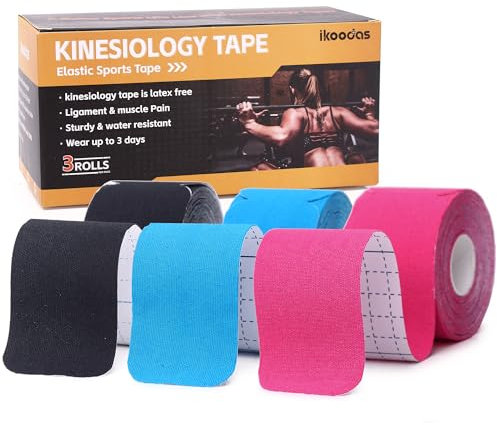 Bande Kinesiologie Tape Kinesiologie, K tape Elastique Imperméable à l'eau, Taping Kiné Bande Strapping pour le Sport, Support Musculaire et Articulaire Sans LATEX 5cm x 5m (Noir, Bleu, Rose)