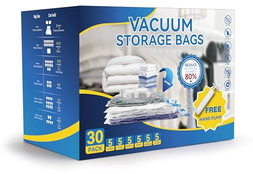 Simple Deluxe Vacuum Storage Bags 30 Pack Multi-Size Bundle | 6x Jumbo(70x100cm)/6x Large/6x Medium/6x Small/6x Roll-Up Bags with Hand Pump for Underbed Storage, Seasonal Clothes & Duvets