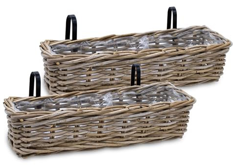 Jardinera de ratán natural para balcón, 60 x 20 cm, juego de 2 unidades, cesta de mimbre con soporte, para balcón, jardín, jardinera, macetero, macetero, macetero, macetero, cesta para flores para