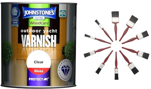 Johnstone's Woodcare Outdoor Yacht Varnish - Clear 750ml & Fit for The Job 10 pc Mixed Sizes Paint Brush Set for a Smooth Finish with Emulsion