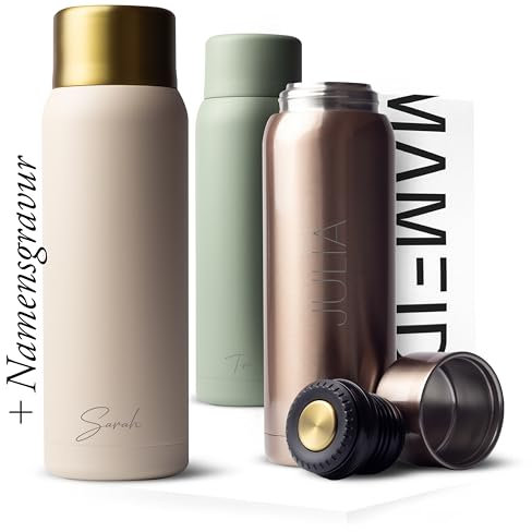 MAMEIDO Thermoskanne personalisiert 1l mit Becher - auslaufsichere Isolierkanne mit Namen, personalisertes Geschenk mit individueller Namensgravur (Ivory Beige Gold, 1.000ml)