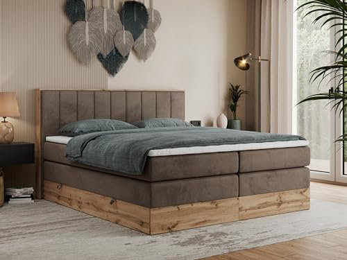 MKS MEBLE King Boxspringbett 180x200 Mit Bettkasten Eiche, Polsterbett Mit Matratze H3, Rahmen in Wotan Eiche und Kopfteil - Braun Velvet - Bellissimo King
