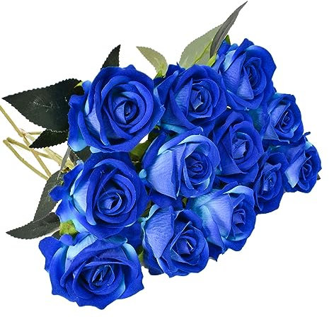 DEARBAG 12 Pcs Roses Artificielles, 30CM Fausses Fleurs de Soie Tige Unique, Deco Fausses Fleurs en Soie, Bouquet Fleur Artificielle Réaliste pour Décoration de Mariage Fête Famille Jardin (Bleu)