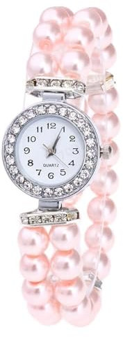 Damen Analog Quarz Armbanduhr mit Edelstahlarmband Band Quarz Watch Perle Frauen Zeichenuhr Mode lässige Damenuhr Damen Analog Quarz Uhr mit Lederarmband (Pink, One Size)