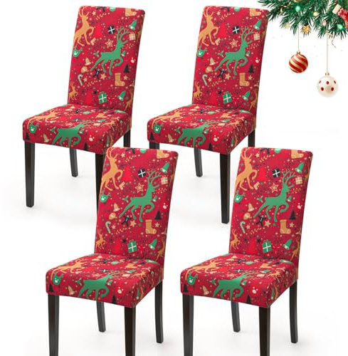 Weihnachten Stuhlhussen 4er Set Stretch Xmas Stuhlbezug Stuhlhussen für Esszimmerstühle Moderne Universal Weihnachtsstuhlbezüge Stuhlbezug für Weihnachts Esszimmer Hotel Party (4er Set, Rot-Elch)