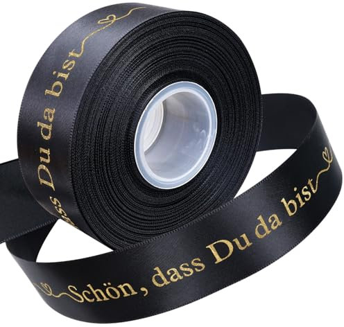 TOPWAYS Satinband Geschenkband, 36Meter 'Schön, dass Du da bist' Geschenkband Breit Schleifenband Hochzeit Satinband Bänder für Taufe Geburtstag Hochzeit Deko Geschenkverpackung (Schwarz, 40mm)