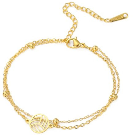 TEAMER Zierliches Armband mit Volleyball-Anhänger Größenveränderbares Volleyball-Doppelkettenarmband trendiger Sportball-Schmuck für Mannschaftssportler Trainer Volleyball-Liebhaber (Oro)