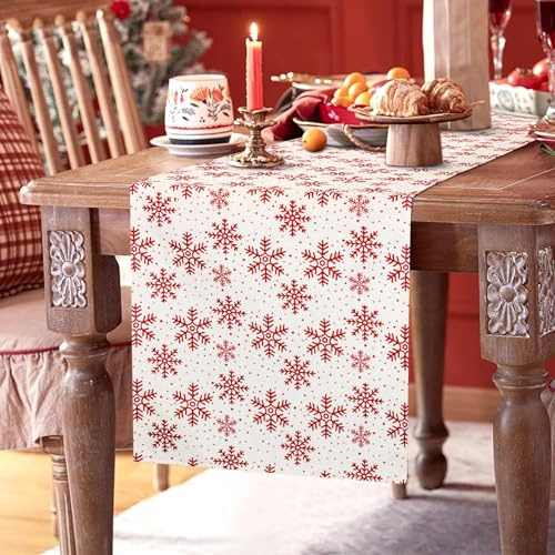 Weihnachts Tischläufer Rot Schneeflocken Leinen Saisonal Winter Weihnachten Feiertage Bauernhaus Stil Tischdekoration für Zuhause Party Dekor Innen Draußen Zuhause Geburtstage 40 x 140 cm