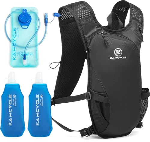 Kamcycle Trinkrucksack Laufen | Trinkrucksack Fahrrad | Laufrucksack mit Trinkblase 2L und 2 Stück Softflasche, BPA-Frei | Ultraleicht Trail Rucksack Trinkweste (2 Stück weiche Fälschungen)
