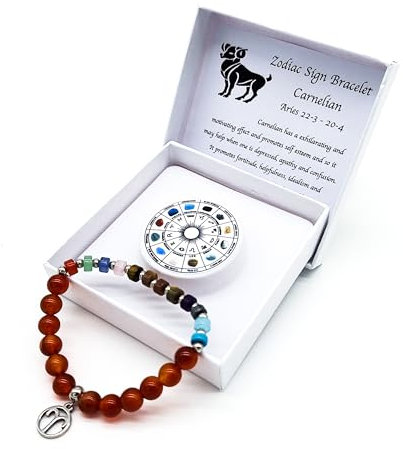 AB Viking Crafts Sternzeichen Edelstein Armband in Geschenkbox | Schutz Glück Liebe Energie (Widder Karneol, 18 cm)