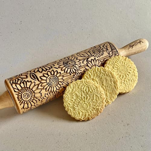 SONNENBLUMENFELD Nudelholz. Teigrolle mit Sonnenblumen-Motiv für Hausgemachtes Gebäck und Keramik. Präge Teigroller mit Blumen für DIY Küche. Gravierte Nudelholz mit Muster von Algis Crafts