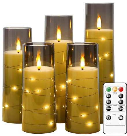 LED Flameless Candles, Battery Operated Flickering Candles, Moving Flame Electric Candle Sets Glass Effect with Remote Control, Timer, Embedded String Lights, Realistic LED Fake Candle, 5pcs (Grey)