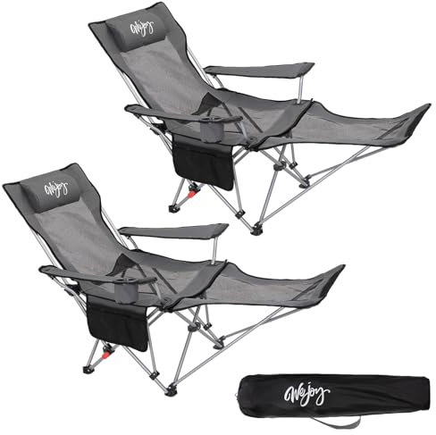 #WEJOY 2-in-1 Campingstuhl Faltbar, Strandstuhl mit Verstellbarer Rückenlehne & Fußstütze Campingstühle für Erwachsene mit Wattepad Kissen Getränkehalter Armlehnentaschen Grau/Schwarz 2er Set