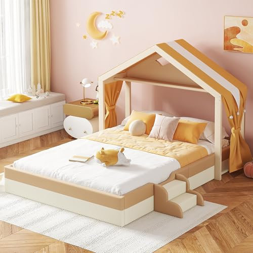 Kayan Polsterbett 140 x 200cm, Kinderbett in Form eines Hauses, Hausbett mit Lattenrost und Stufen, Minimalistisch, ohne Matratze, Braun