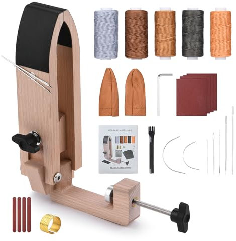 Leder Werkzeug Pony, Ledernähmaschine Pony Set inkl Leder Klemmgerät, Locher, Fingerschutzring, Nähnadeln, Fingerlinge, Blätter Schleifpapier, Schleifstreifen für DIY Handnähen