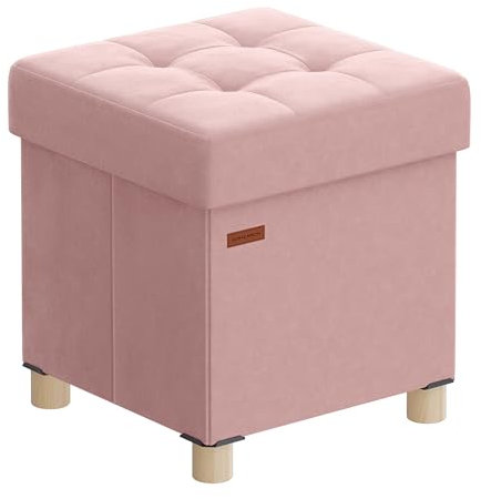 SONGMICS Small Storage Ottoman, 38 x 38 x 40 cm, Folding Storage Cube with Lid, Footstool, Footrest, 37 L, Velvet Surface, for Bedroom, Hallway, Living Room, Jelly Pink LSF0516R02