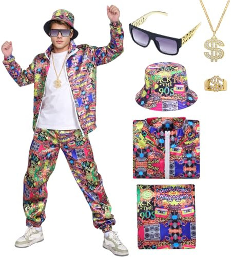 HarnyLoom 80er Jahre Outfit Damen Herren Kostüm 90er Jahre Trainingsanzug Party Cosplay Kleidung Jacke Accessoires Brille Hut Halloween Karneval Mottoparty (Rot-90er, M)