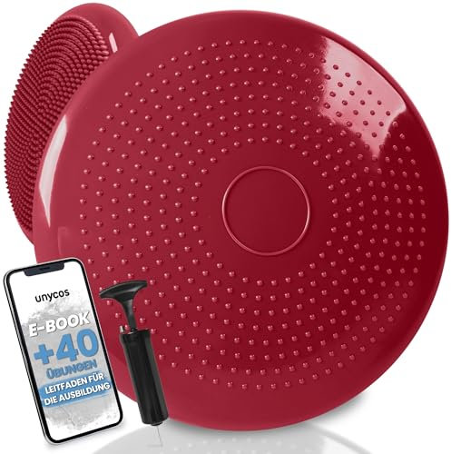 unycos - Ballsitzkissen inkl. Pumpe【Ø34 cm | Trägt 150 kg】Orthopädisches Sitzkissen Anti-Burst, Noppenkissen, Balance Pad, Luftkissen für Bürostuhl, Fitness, Reha/Koordinations (Rot; Basic)