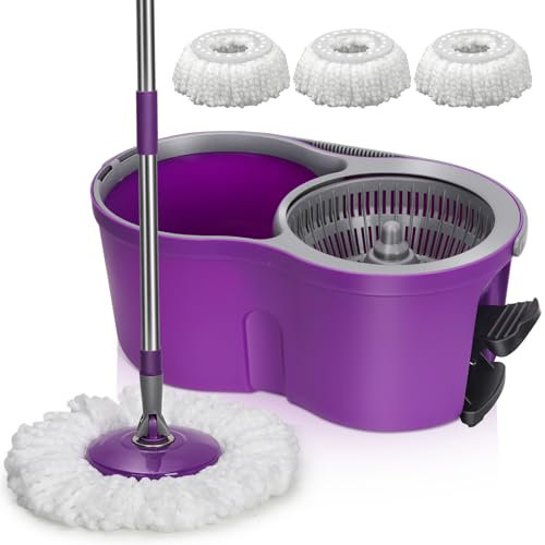MASTERTOP Wischmopp Set mit Eimer, Bodenwischer mit Edelstahl Teleskopstiel und 3 Mikrofaser Wischpads,Profi Wischmop Set Putzeimer mit Auswringfunktion und Presse für Bodenreinigung-Lila