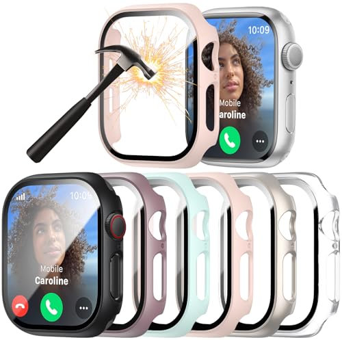 6-Stück Schutzhülle mit Displayschutzfolie Kompatibel mit Apple Watch SE/6/5/4 44mm,Hart PC Bumper Case Ultradünne Hard Hülle mit Kratzfest Gehärtetem Glas Schutzfolie für iWatch SE 4 5 6 44mm