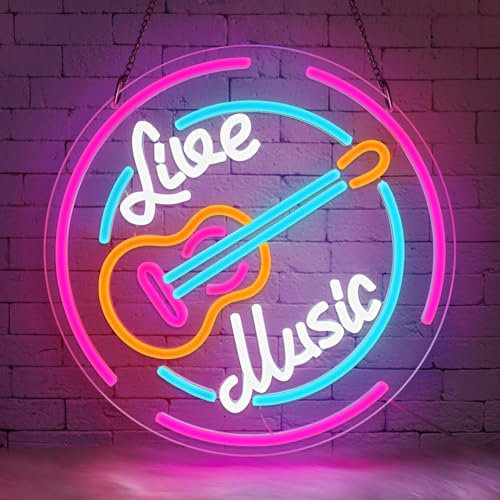 Lxmoneon Live Music Neon Schild Gitarren Neonschilder rosa blaue Musik Led Schilder USB dimmbares Live-Musik Neonlicht für Schlafzimmer Musikstudio Live Übertragungsraum Bar Club Party