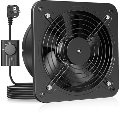 HG Power Abluftventilator 200mm - 980m³/h Badlüfter Leiser mit Rücklaufklappe, Geschwindigkeitsregler, Stecker, 53.5W Industrieller Wandventilator für Küche Badezimmer Garage Untergeschoss, Schwarz