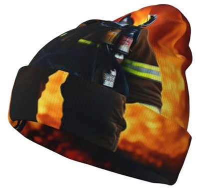 HJLUUFT Feuerwehrmann Feuerwehrmann Flamme Druck Mode Strickmütze Bündchen Unisex Mützen Warme Mütze für Erwachsene kaltes Wetter Totenkopf Kappe Schwarz, Schwarz, Einheitsgr��e
