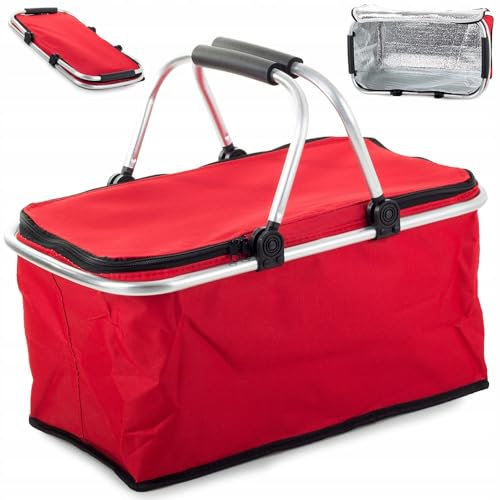 Cestino Termico Picnic, Pieghevole Portatile Pranzo Aperto, Cesto Gite Mare Montagna Parco, Caldo Freddo Alimenti Bevande Lungo, Comfort Maniglie Cerniera Fondo Rigido Anti Scivolo (ROSSO FUOCO)