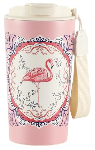 Animal Print Insulated Travel Mug 500ml, Ceramic‑Lined Stainless Steel Coffee Cup, Leakproof Lid with Sip Spout & Straw, Anti‑Slip Base, Carry Lanyard, Hot Cold Reusable Cup,Flamingo