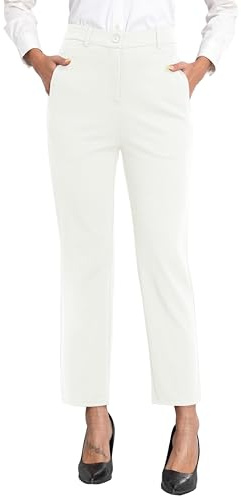 GRECERELLE Womens Work Trousers Office Smart Stretchy High Elasticated Waist Straight Leg Casual Yoga Pants for Women UK with Pockets Zipper (White, XL)