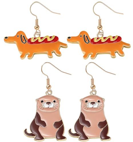 GWAWG Ohrringe mit Anhänger Otter Hund Wurst, 2 Paar niedliche Ohrringe für Frauen Mädchen, Ohrringe Tiere emailliert, Geschenk Schmuck Geburtstag Liebhaber von Naturtieren