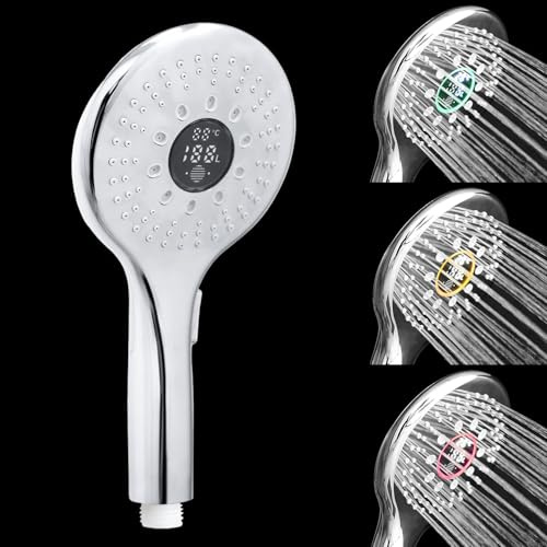 JINYOMFLY Duschkopf mit Temperaturanzeige, Durchflussanzeige, Verbrauchsanzeige, 2 Duschmodi Duschkopf Temperatur mit LED Beleuchtung, LED-Digitaldisplay, Batteriefrei
