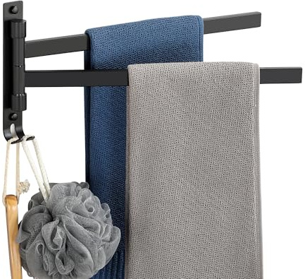 SAYAYO Porte Serviette avec 2 Barres 180° Rotatives, Support Sèche-Serviettes Mural en Acier Inoxydable SUS304, Idéal pour Salle de Bain et Cuisine, Noir Mat Montage par Vis, EGKN2520HD-2-B