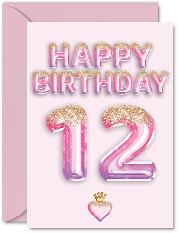 12th Birthday Cards for Girls and Boys, Pink & Purple Glitter Balloons | Happy Birthday Card for 12 Year Old Boy Girl Brother Niece Granddaughter Sister, A5 Bday Greeting Cards