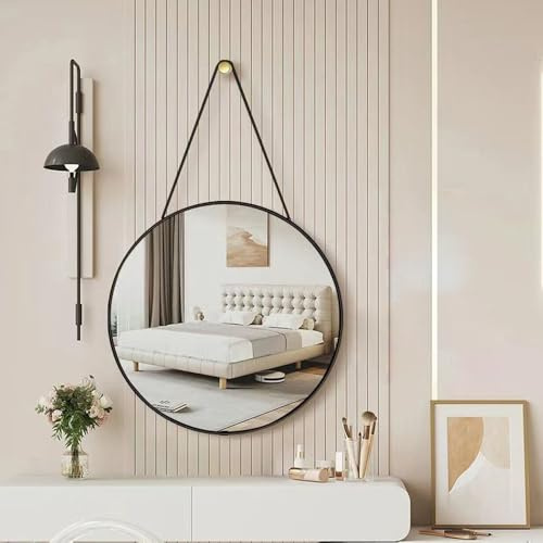 Hosoncovy Miroir de maquillage rond à suspendre avec corde pour salle de bain, salon, chambre à coucher (noir) 30 cm
