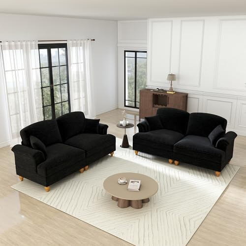 HAUSPROFI Modular Sofa, Couch mit Schlaffunktion, Cloud Couch mit Abnehmbarem Faltenrock,Verlängerte Armlehnen und Sofabeine aus Holz, Chenille-Gewebe, fürs Wohnzimmer (Schwarz, 2 Sitze + 2 Sitze)
