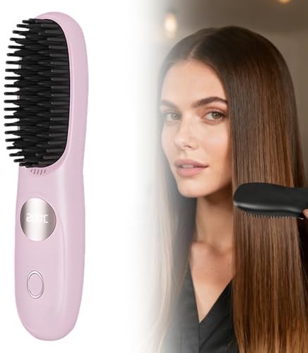Lisseur Cheveux, Brosse Lissante Sans Fil, Mini Lisseur Sans Fil Rechargeable, Brosse Chauffante Portable, Cüramique Peigne Lissant une, Fer à Lisser 160/180/200℃ (Rose)