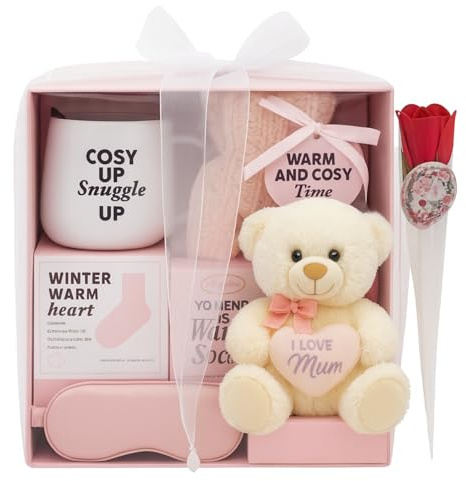Hot Water Bottle Gift Set Mug Hot Chocolate Cosy Sleep Mask Fluffy Socks Marshmallows Candy Canes Teddy & Rose – Pink Valentine Birthday Christmas Gifts for Women & Men (Bear MOM with Gift Set)