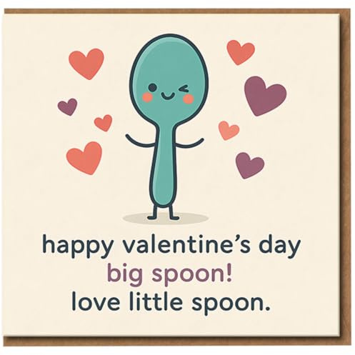Big Spoon Little Spoon Valentine’s Day Card - Cute Cartoon with Hearts - Funny Romantic Card for Boyfriend, Girlfriend or Partner